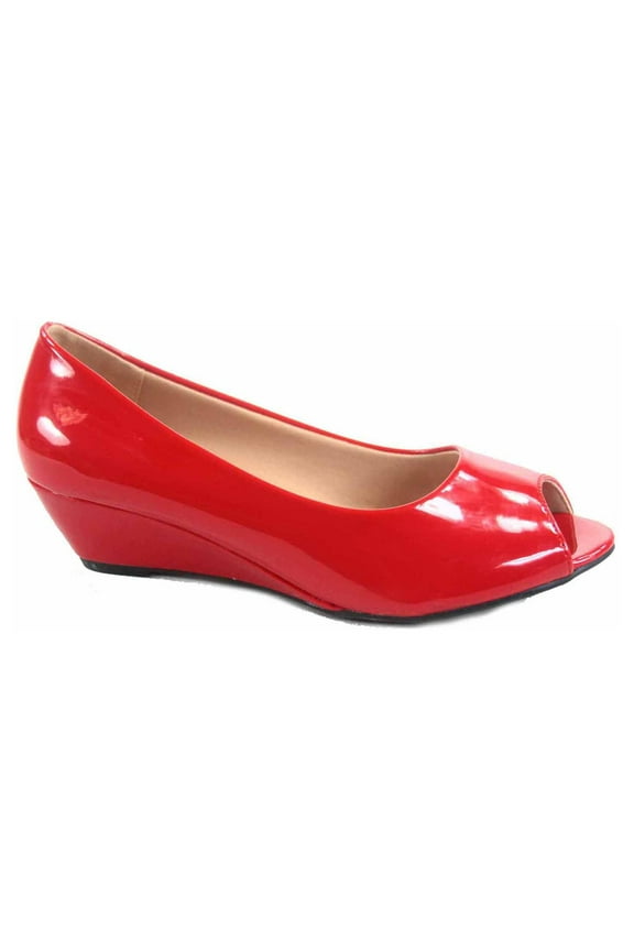 Fisher-7 Women's Slip On Patent Open Peep Toe Low Wedge Heel Pump Shoes ( Red, 7 )