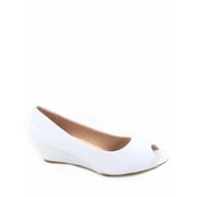 Fisher-7 Women's Slip On Patent Open Peep Toe Low Wedge Heel Pump Shoes ( White, 7.5 )