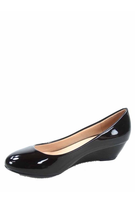 Fisher-8 Women's Slip On Patent Round Toe Low Wedge Heel Pump Shoes ( Black, 7.5 )