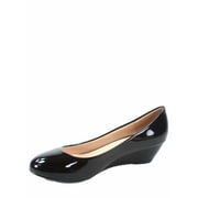 Fisher-8 Womens Slip On Patent Round Toe Low Wedge Heel Pump Shoes  Black, 7