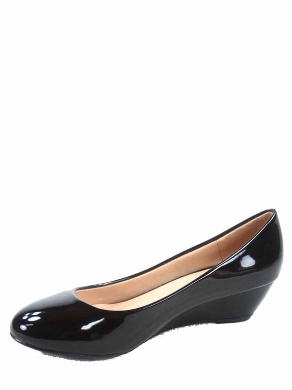 Fisher-8 Women's Slip On Patent Round Toe Low Wedge Heel Pump Shoes ( Black, 9 )