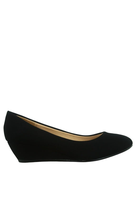 Fisher-8 Women's Slip On Patent Round Toe Low Wedge Heel Pump Shoes ( Black nubuck, 7 )