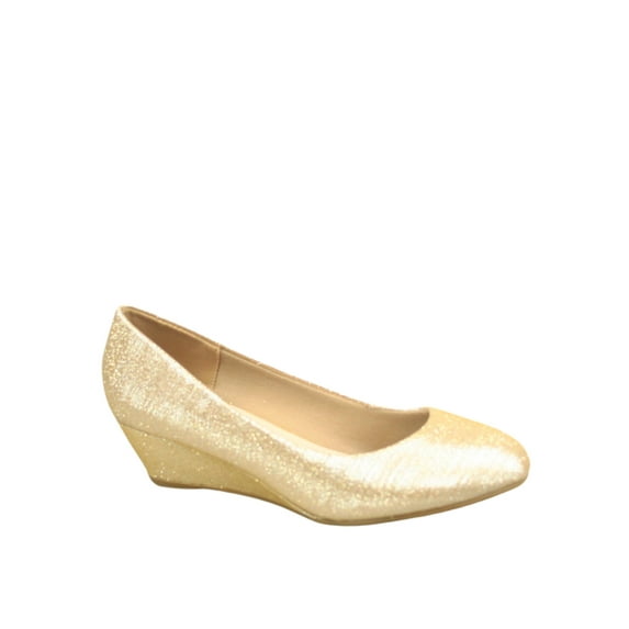 Forever Link; Women's Casual Dress Shoes Slip On Low Wedge Heel Pump, Patent, Champagne, 8.5