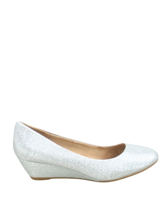 Fisher-8 Women's Slip On Patent Round Toe Low Wedge Heel Pump Shoes ( Silver, 7.5 )