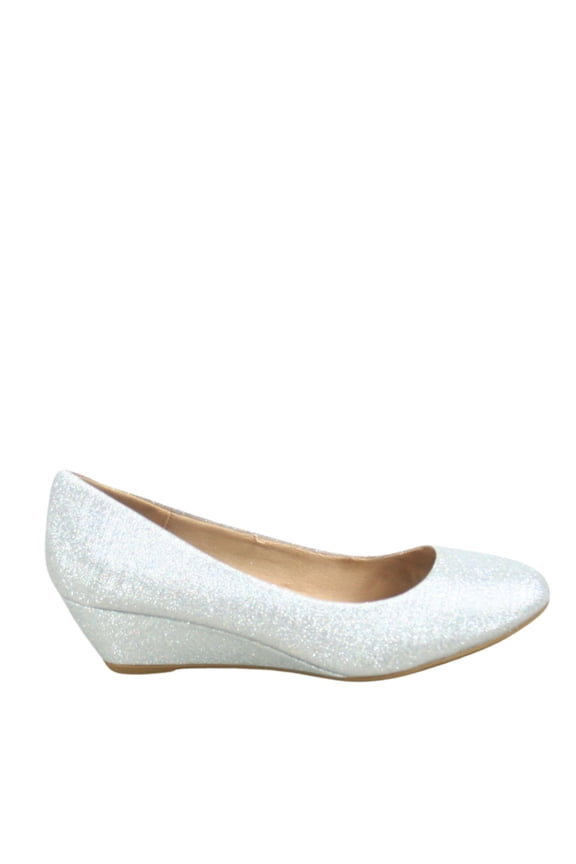 Fisher-8 Women's Slip On Patent Round Toe Low Wedge Heel Pump Shoes ( Silver, 7.5 )