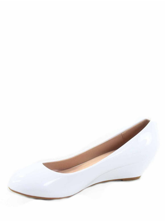 Fisher-8 Women's Slip On Patent Round Toe Low Wedge Heel Pump Shoes ( White, 7.5 )