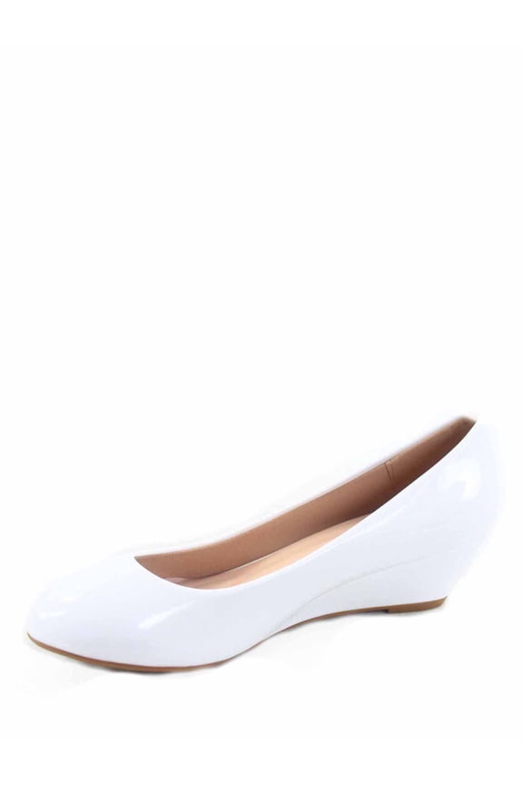 Fisher-8 Women's Slip On Patent Round Toe Low Wedge Heel Pump Shoes ( White, 7 )