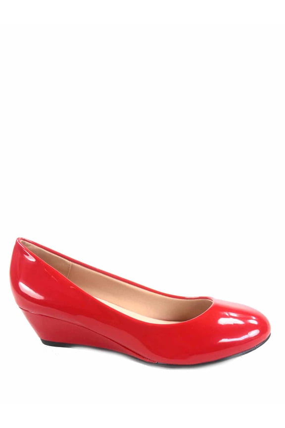 Fisher-8 Women's Slip On Patent Round Toe Low Wedge Heel Pump Shoes