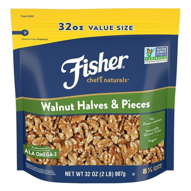 Fisher Chef's Naturals Gluten Free, No Preservatives, Non-GMO Walnut Halves & Pieces, 32 oz Bag