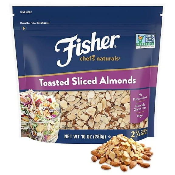Fisher Chef's Naturals Unsalted Toasted Sliced Almonds 10oz Resealable Bag, Raw Nuts Perfect for Cooking, Baking & Snacking, Healthy Snacks for Adults, Vegan Protein, Keto Snack, Gluten Free