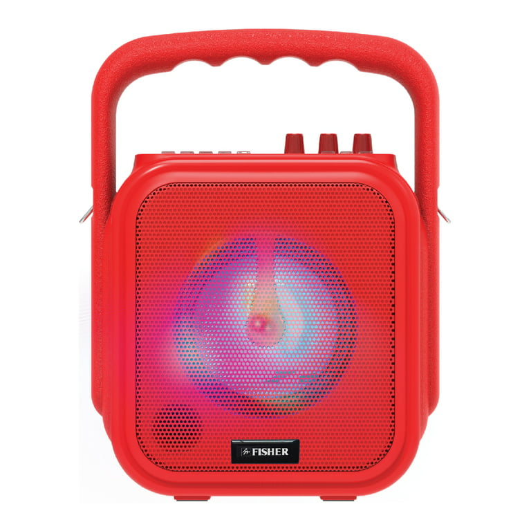Fisher Mini Wireless Stereo Speaker System, Portable, Bluetooth, Mic Input  - Red