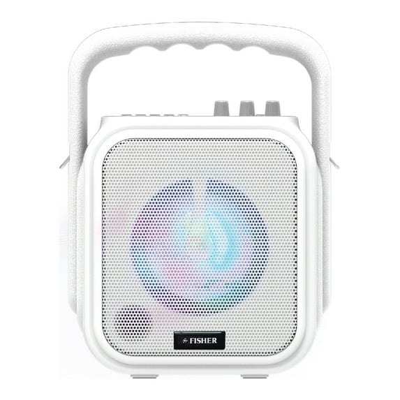 Fisher Mini Wireless Stereo Speaker System, Portable, Bluetooth, Mic Input - White