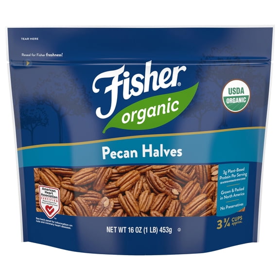 Fisher Organic Pecans Halves GGA1 16 oz, USDA Organic, Unsalted Raw Pecans, North American Grown, Non-GMO, No Preservatives, Keto & Paleo Friendly, Heathy Snack for Adults, Resealable Bag