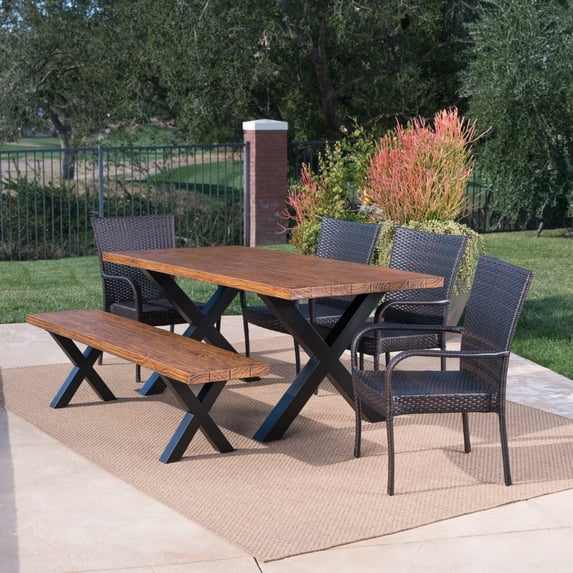 Fisher Outdoor 6 Piece Stacking Wicker Dining Set with Light Weight Concrete Table and Bench, Brown Walnut, Black