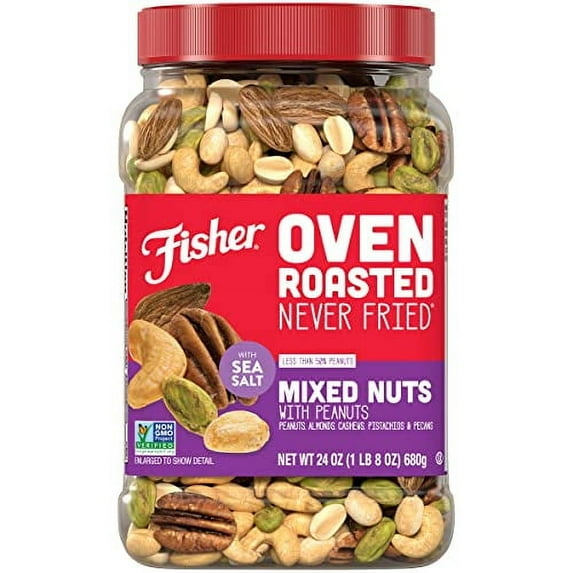 Fisher Oven Roasted Never Fried Mixed Nuts with Peanuts, 24 Ounces (Pack of 1), Peanuts, Almonds, Cashews, Pistachios, Pecans, Snacks for Adults, Made With Sea Salt, No Added Oils, Artificial Ingredie