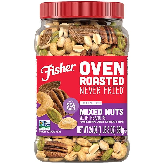 Fisher Oven Roasted Never Fried Mixed Nuts with Peanuts, 24 Ounces (Pack of 1), Peanuts, Almonds, Cashews, Pistachios, Pecans, Trail Mix, Made With Sea Salt, No Added Oils ( Pack of 2 )