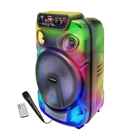 Fisher Portable Bluetooth Wireless Speaker System: 8" Subwoofer 20W PEAK Power Loud HD Deep Bass Sound & LED Lights Rechargeable Karaoke w Microphone & Remote, TWS Pairing, USB Port, AUX, FM Radio