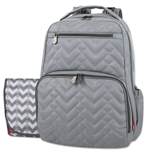 Fisher-Price 17”L Signature Morgan Quilted Multi-Pocket Diaper Bag Backpack with Matching Changing Pad, Insulated Bottle Pocket, Tablet Pocket and Stroller Straps in Gray