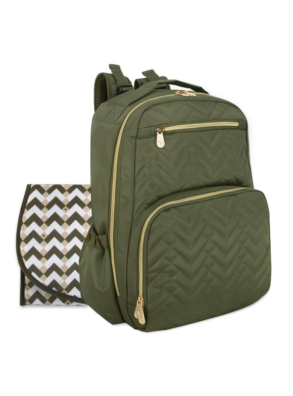 Fisher-Price 17”L Signature Morgan Quilted Multi-Pocket Diaper Bag Backpack with Matching Changing Pad, Insulated Bottle Pocket, Tablet Pocket and Stroller Straps in Olive Green