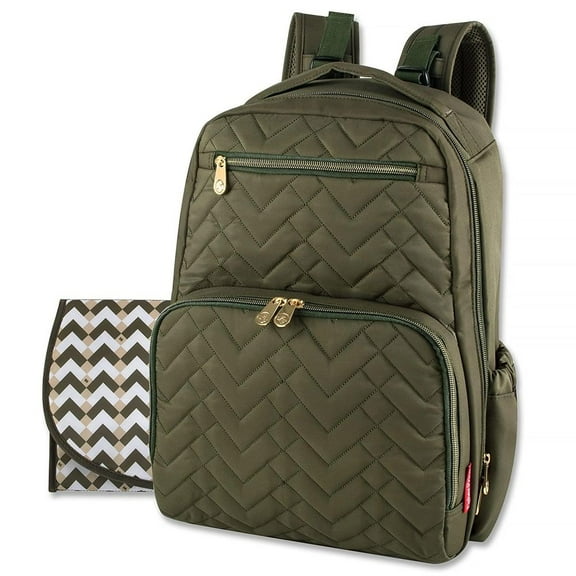Fisher-Price 17”L Signature Morgan Quilted Multi-Pocket Diaper Bag Backpack with Matching Changing Pad, Insulated Bottle Pocket, Tablet Pocket and Stroller Straps in Olive Green