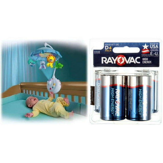 Fisher-Price 2-in-1 Projection Crib Mobile, Precious Planet with Rayovac Alkaline D Batteries (4-pack)