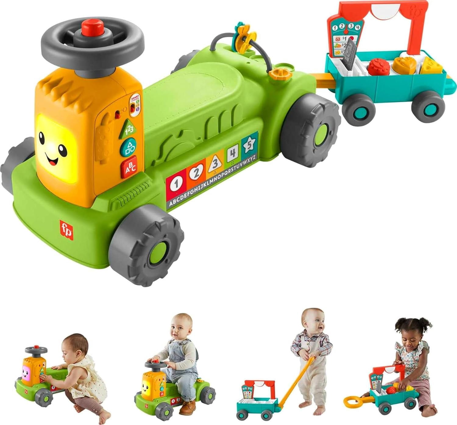 Fisher-Price Baby to Toddler Toy Laugh & Learn 4-in-1 Farm to Market Tractor Ride On with Pull Wagon & Smart Stages for Infants Ages 9+ Months Exclusive