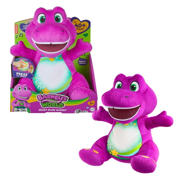 Fisher-Price Barneys World Heart Glow Barney Plush Toy with Music & Lights for Toddlers & Kids