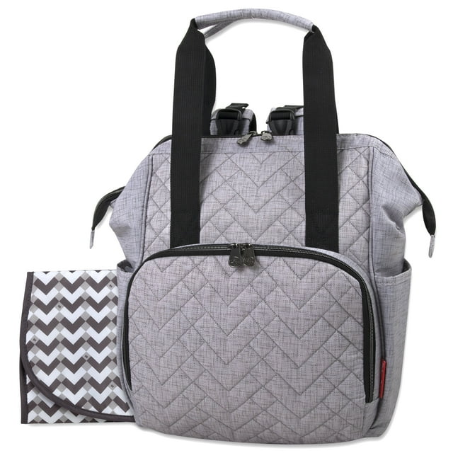 Fisher-Price Emerson Multi-Pocket Quilted Diaper Bag Backpack Tote with Matching Changing Pad, Insulated Bottle Compartment, Electronics Pocket and Stroller Straps in Heather Gray