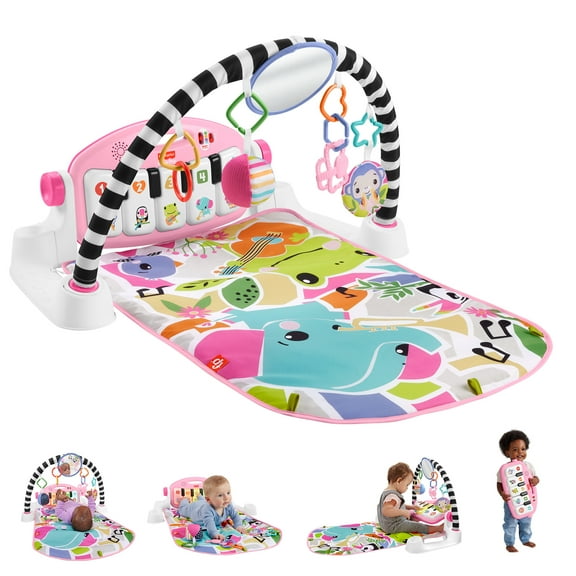 Fisher-Price Glow and Grow Kick & Play Piano Gym Baby Playmat with Musical Learning Toy, Pink