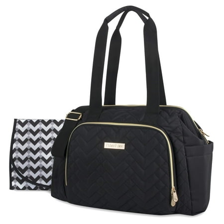 Fisher-Price Harper Quilted Convertible Crossbody Diaper Bag Tote With Shoulder Straps, Removable Luggage Strap, Matching Changing Pad, Insulated Bottle Pockets and Electronics Pocket in Black
