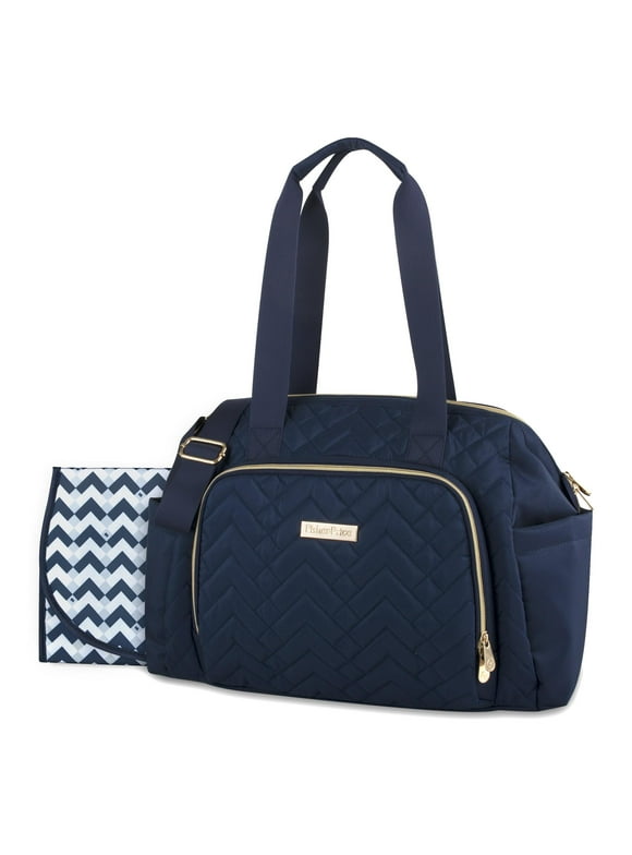 Fisher-Price Harper Quilted Convertible Crossbody Diaper Bag Tote With Shoulder Straps, Removable Luggage Strap, Matching Changing Pad, Insulated Bottle Pockets and Electronics Pocket in Navy Blue