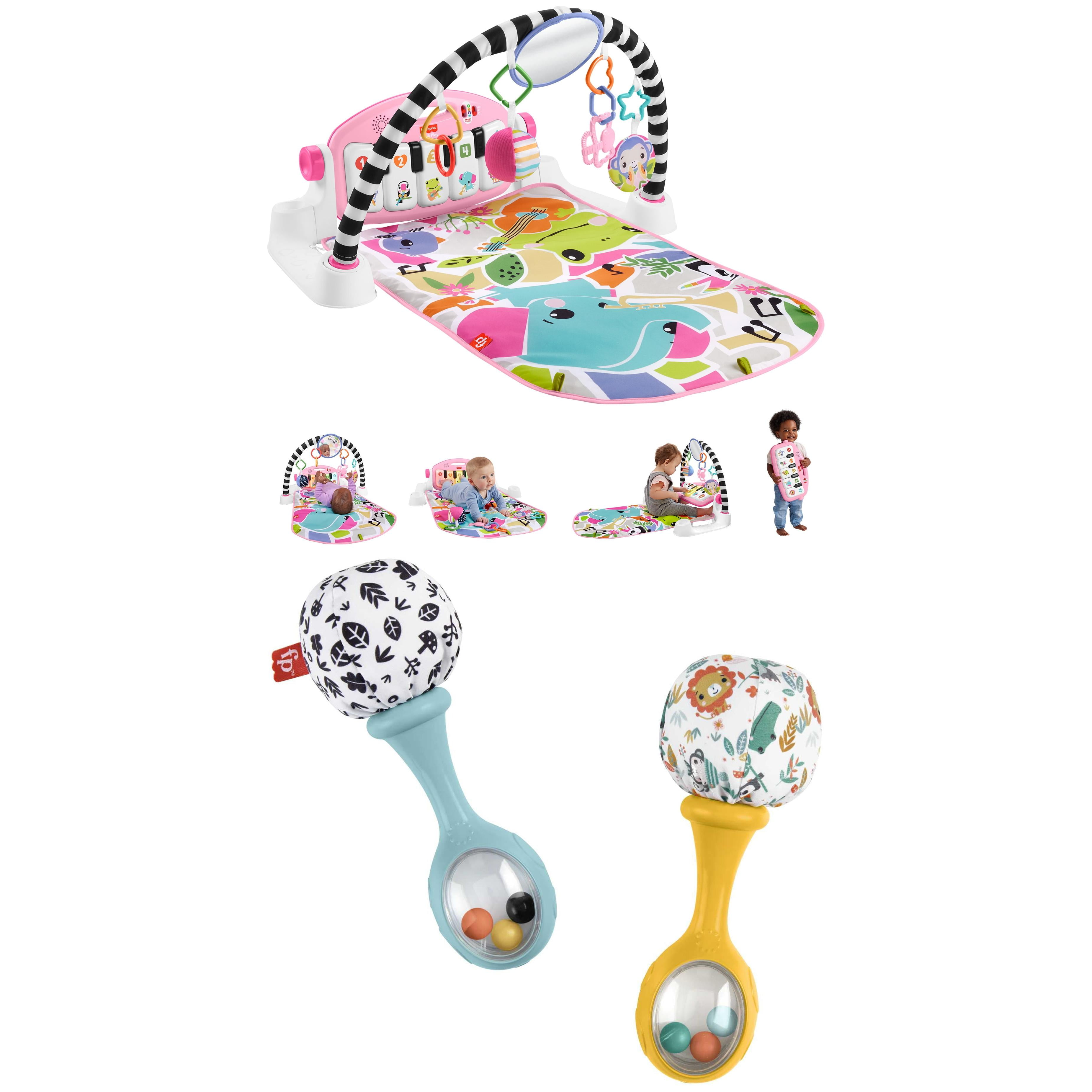 Fisher-Price Glow and Grow Kick & Play Piano Gym Baby Playmat and Rattle n Rock Maracas Toy Bundle for Newborns, Pink