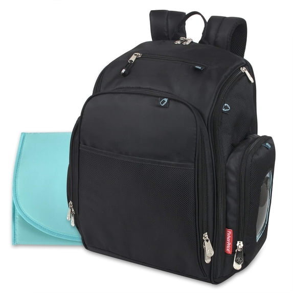 Fisher-Price Large Multi-Pocket Multifunction Kaden Baby Diaper Bag Backpack for Infant Boys & Girls with Insulated Bottle Pocket, Changing Pad, Wipes Dispenser in Unisex Black
