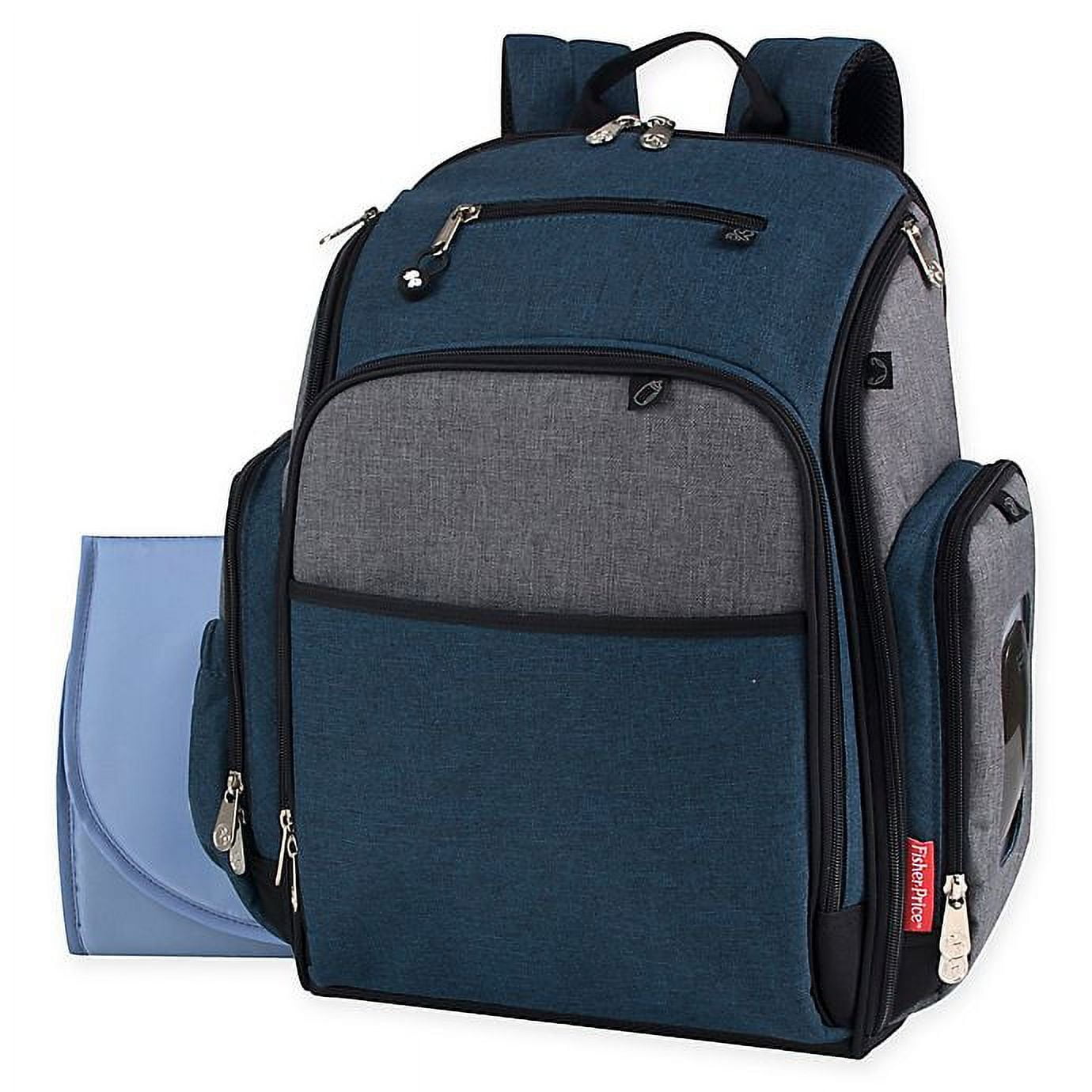 Fisher-Price Large Multi-Pocket Multifunction Kaden Baby Diaper Bag Backpack for Infant Boys & Girls with Insulated Bottle Pocket, Changing Pad, Wipes Dispenser in Unisex Navy Blue & Gray
