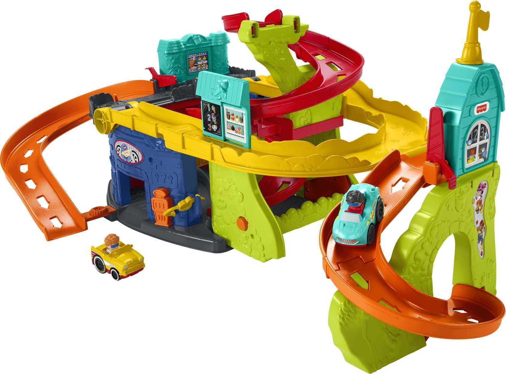 Fisher-Price Little People Sit ‘n Stand Skyway Race Track Toddler Vehicle  Playset with 2 Cars