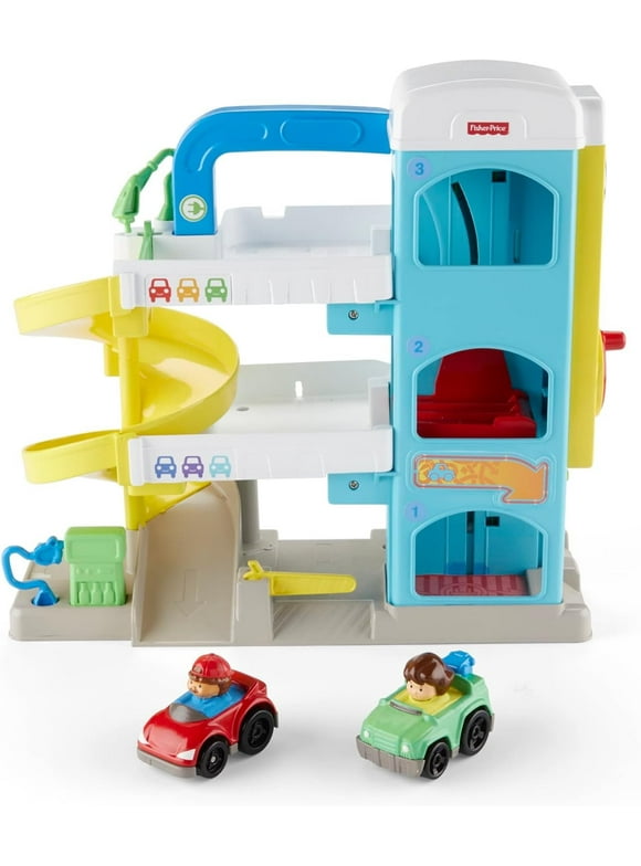 Fisher-Price Little People Toddler Toy Helpful Neighbor's Garage Playset with Spiral Ramp and 2 Wheelies Cars for Ages 18+ Months