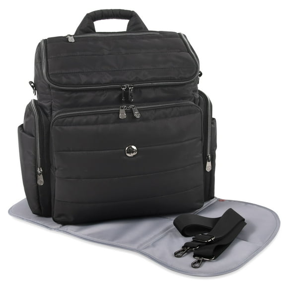 Fisher-Price Madison Crossbody Tote and Diaper Bag Backpack with Matching 6-Ply Fold Changing Pad, Insulated Bottle Pocket, Electronics Pocket, Stroller Straps and Dual Zipper Closure in Black