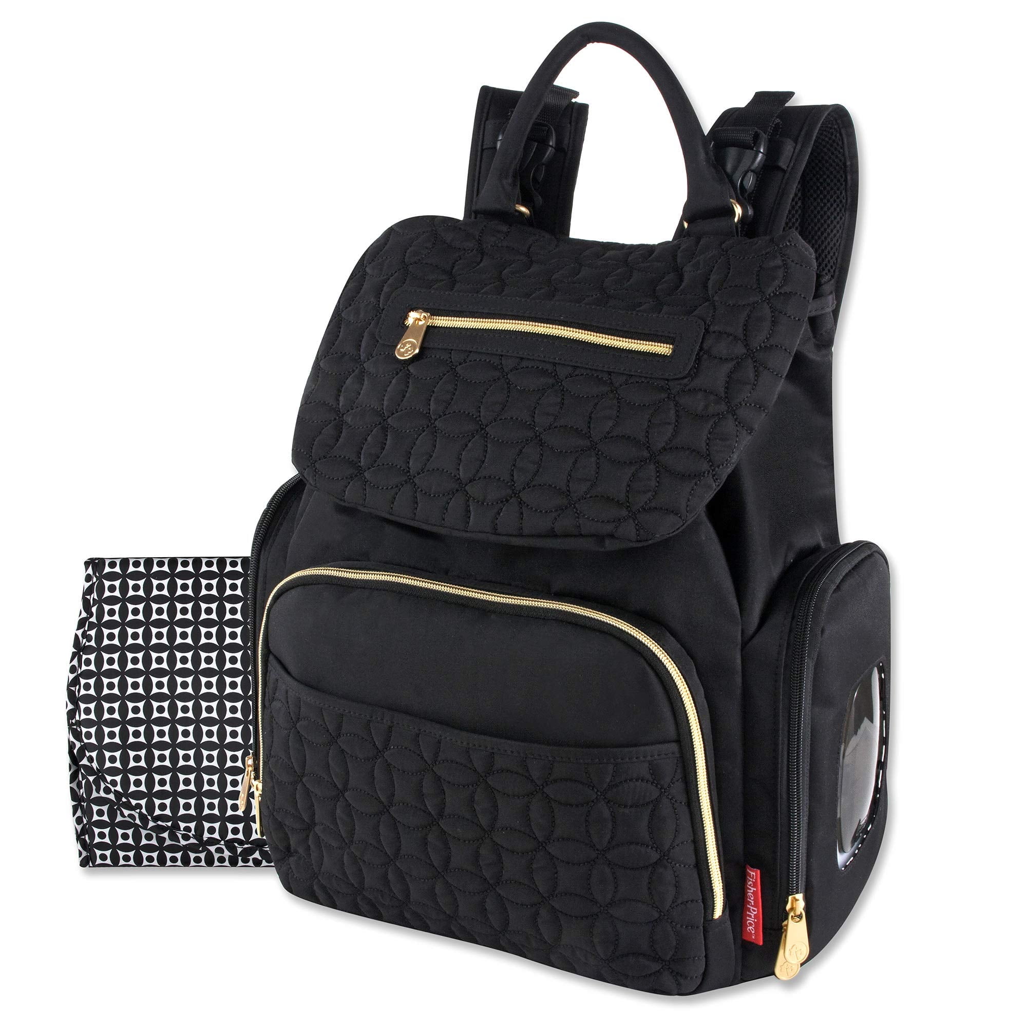Fisher-Price Modern Quilted Multi-Pocket Diaper Bag Backpack with Matching Changing Pad, Insulated Bottle Pocket, Electronics Pocket, Baby Wipes Dispenser and Stroller Straps for Newborns and Infants