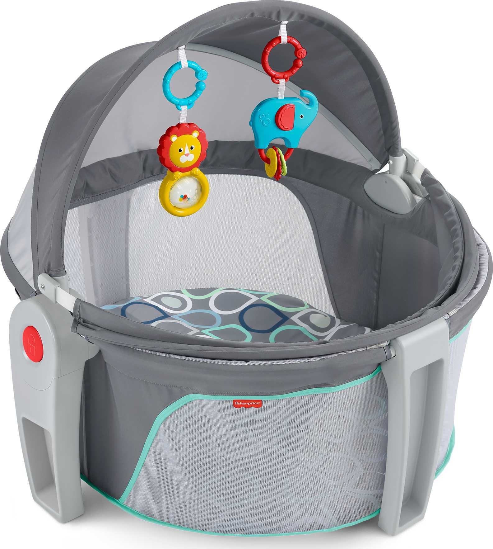 Gray Portable Round Playpen with Bassinet and Canopy