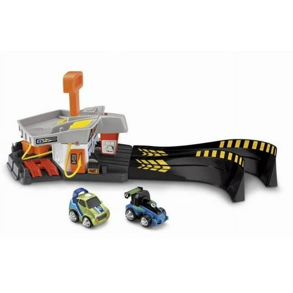 Fisher Price Rev 'n Go Garage Race Car Stunt Track w/ Two Cars | X5855