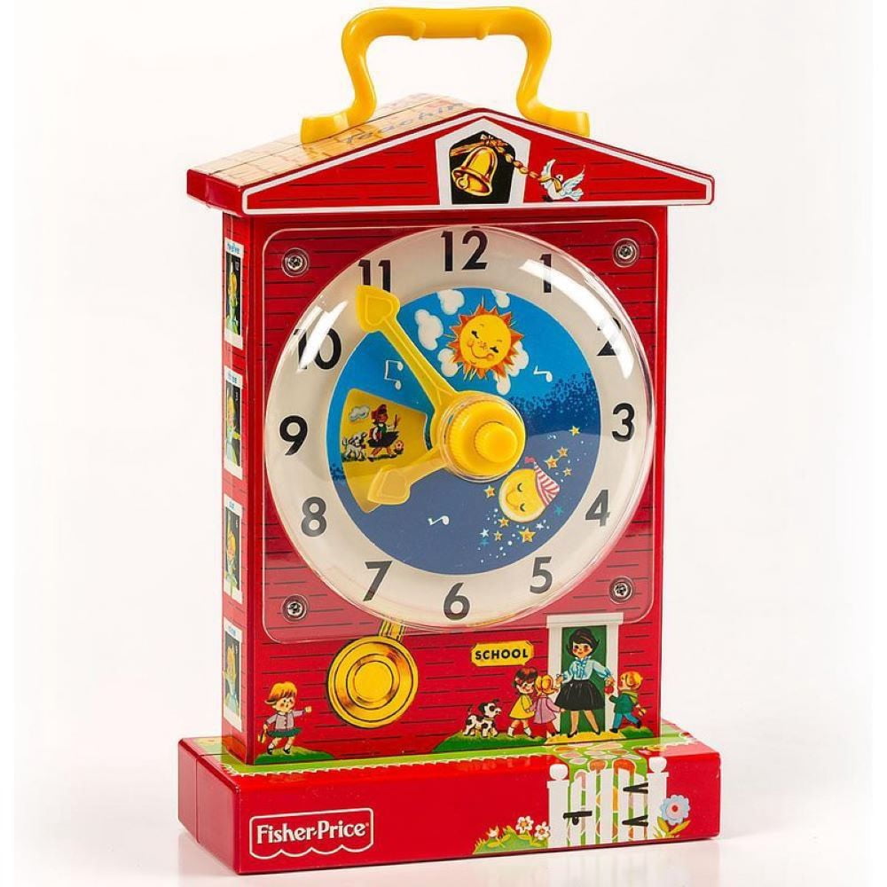 BASIC FUN! Fisher Price Vintage Music Box Teaching Clock Plays Grandfather's Clock Tune, 12 Months and Up, Red