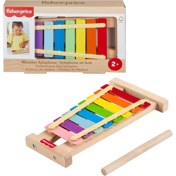 Fisher-Price Wood Toddler Toy Xylophone, Wooden Musical Instrument for Developmental Play Preschool Kids Ages 2+ Years