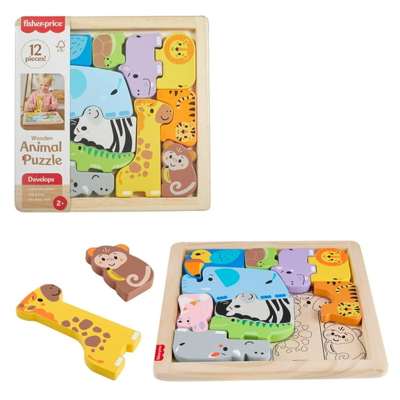 Fisher-Price Wooden Animal Puzzle, Shape-Sorting Activity for Kids, 12 Wood Blocks