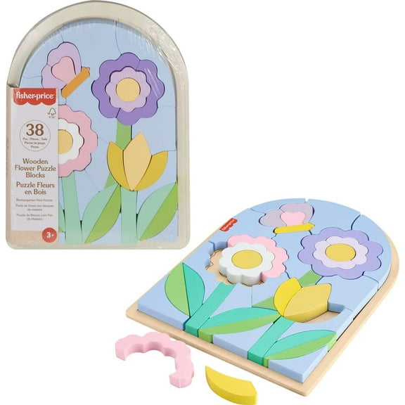 Fisher-Price Wooden Flower Puzzle Blocks for Preschool Kids, 38 Wood Pieces