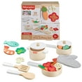 thumbnail interactive-video image 1 of Fisher-Price Wooden Kitchen Pots & Pans Set, 19 Wood Pieces for Preschool Pretend Play, Ages 3+ Years, 1 of 9