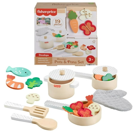 Fisher-Price Wooden Kitchen Pots & Pans Set, 19 Wood Pieces for Preschool Pretend Play, Ages 3+ Years