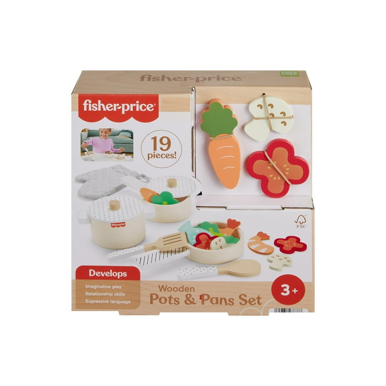 Fisher-Price Wooden Kitchen Pots and Pans Set, 19-Piece Pretend