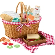 Fisher-Price Wooden Picnic Basket and Food Pretend Play Set for Preschool Kids, 31 Pieces