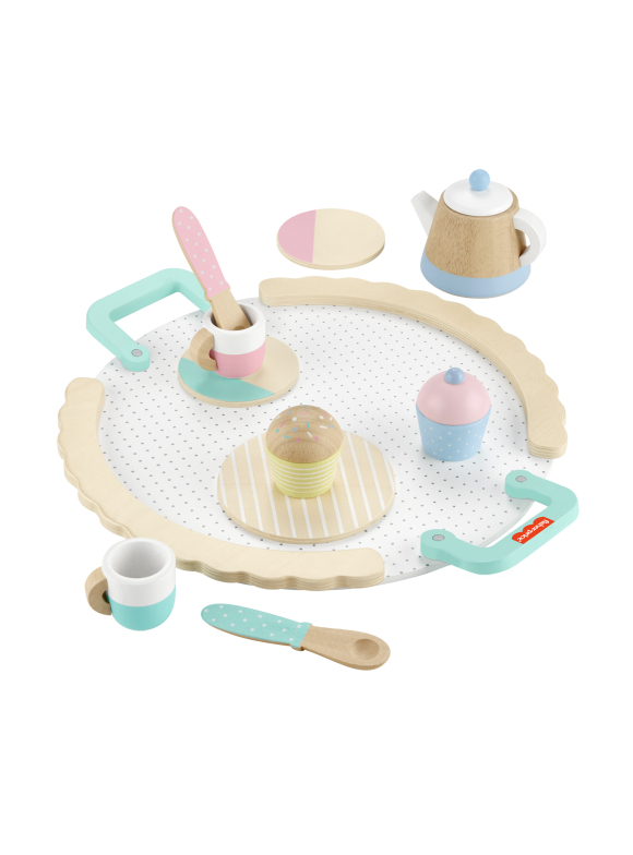 Fisher-Price Wooden Tea Party Set for Preschool Pretend Play, 12-Pieces, Ages 3-5 Years, Child
