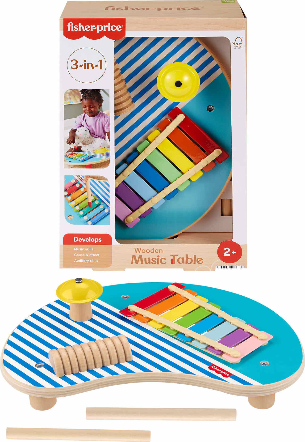 Fisher-Price Wooden Toy Musical Table with Percussion Instruments for Toddler Role Play, 3 Wood Pieces
